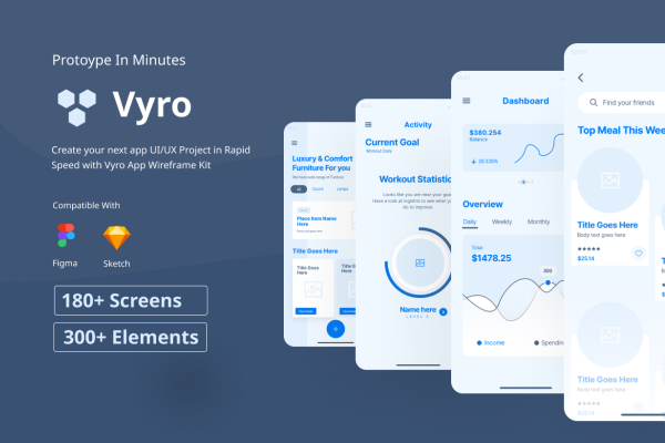 180+APP应用程序设计线框图套件素材 Vyro App Wireframe Kit
