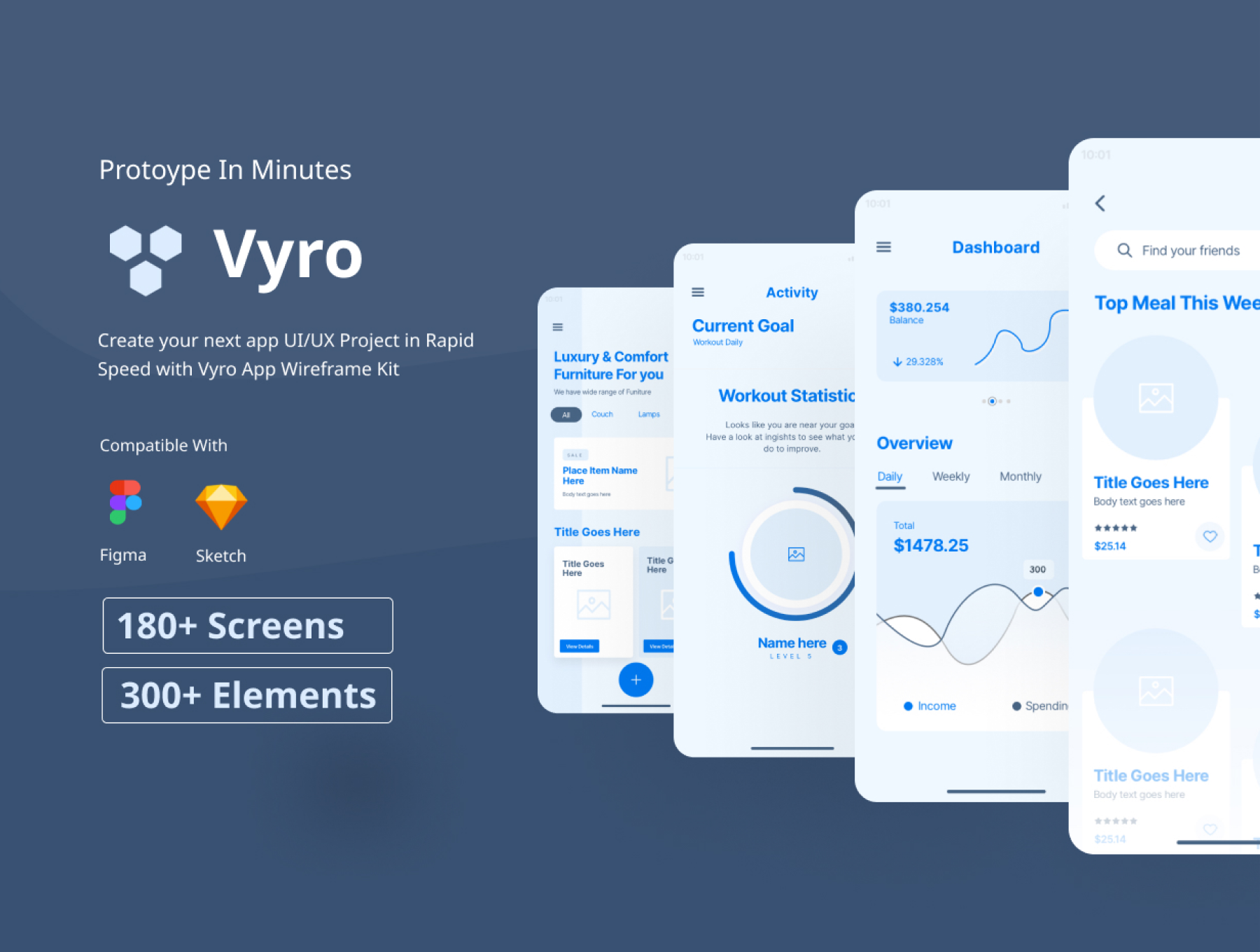 180+APP应用程序设计线框图套件素材 Vyro App Wireframe Kit