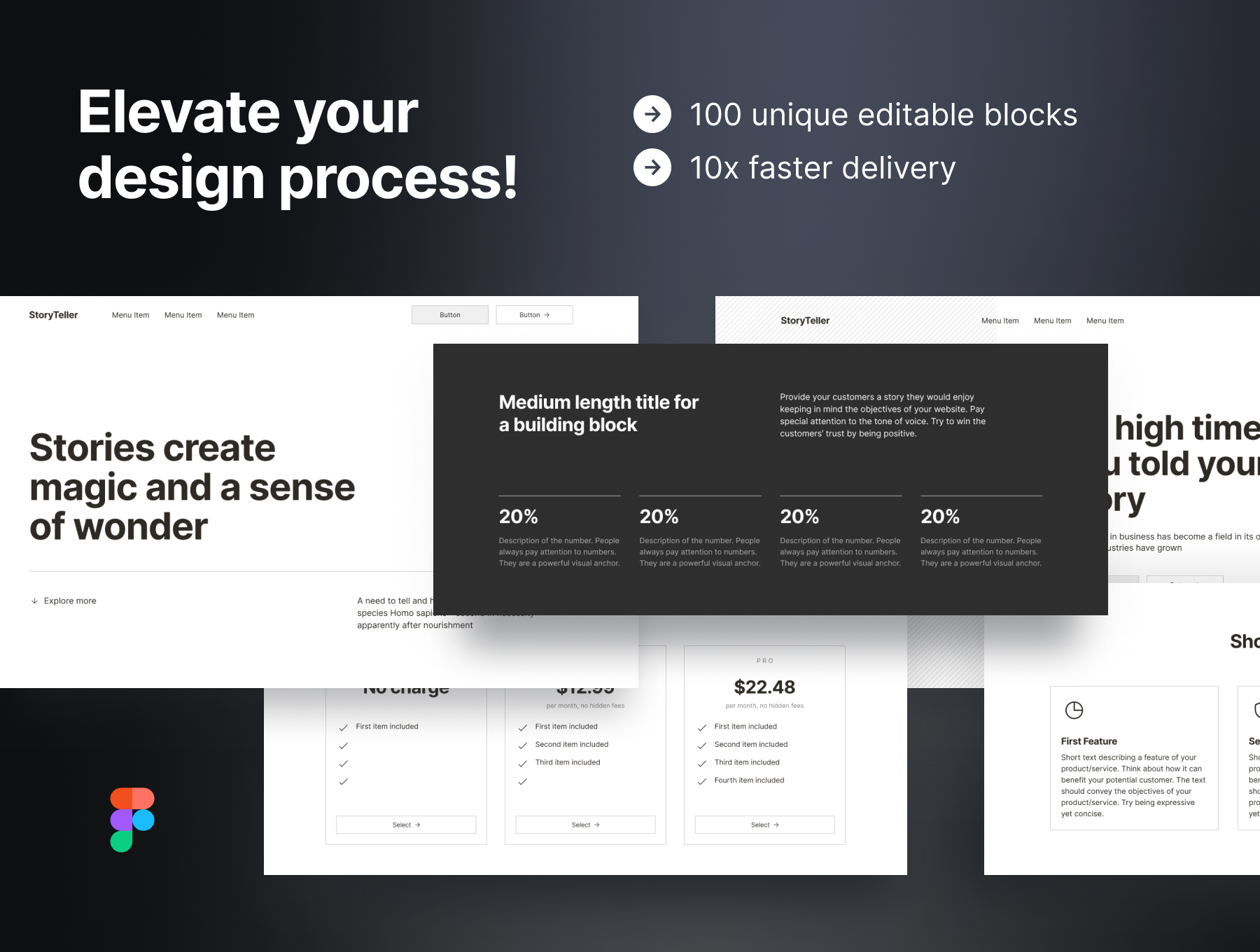 网页原型设计线框图Wireframe Kit设计模板(Figma)StoryTeller Wireframe Kit