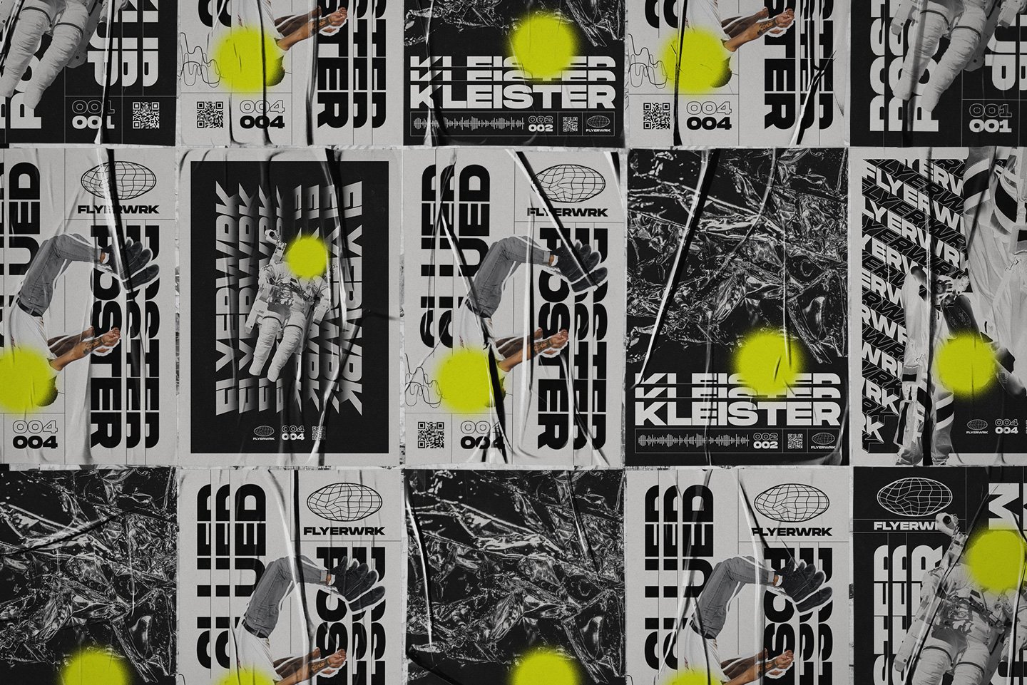 544 潮流街头胶合褶皱做旧海报设计贴图展示样机模板PS素材 Flyerwrk – Glued Poster Textures