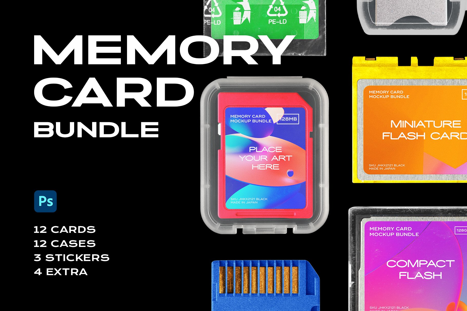 超酷复古电脑移动存储卡SD卡塑料包装盒贴纸样机Ps设计素材套装Memory Card Mockup Template SD