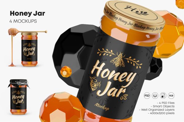 蜂蜜玻璃瓶标签设计展示样机 Honey Glass Jar Mockup Se