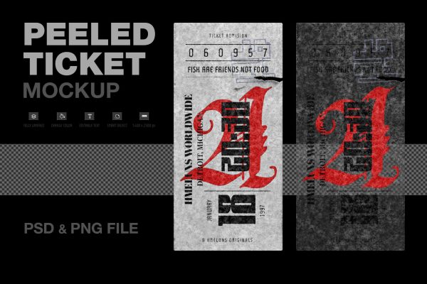 022 潮流做旧撕裂机票票务设计展示贴图样机 Peeled Ticket