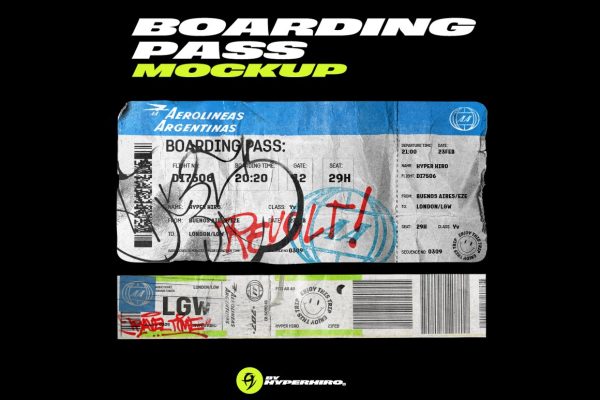 562 复古做旧褶皱登机纸牌设计样机PSD设计素材 Boarding Pass Mockup