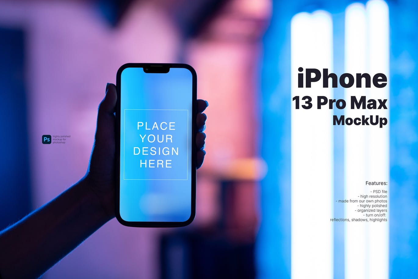 558 手持iPhone 13 Pro Max手机霓虹灯效果设计样机 iphone 13pro max mockup