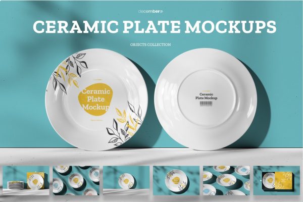 563 7款餐厅餐具瓷盘包装盒印花图案Logo设计贴图样机模板 7 Mockups Ceramic Plates