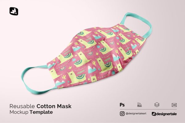 577 可重复使用棉质口罩印花设计样机素材 Reusable Cotton Mask Mockup