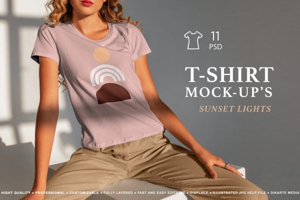 570 11款时尚优雅女士半袖T恤印花设计Ps智能贴图样机模板 T-Shirt Mock-Up’s Sunset Lights