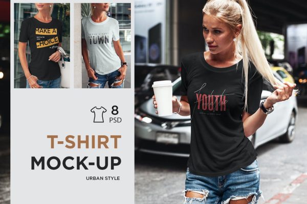 569 8款潮流街头女士半袖T恤设计贴图样机模板 T-Shirt Mock-Up Urban Style Girl