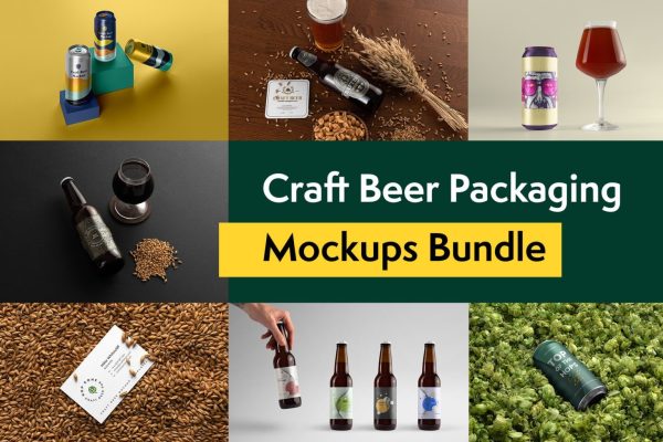 589 43款啤酒饮料听装易拉罐玻璃瓶品牌包装设计PS贴图样机素材 Craft Beer Packaging Mockups