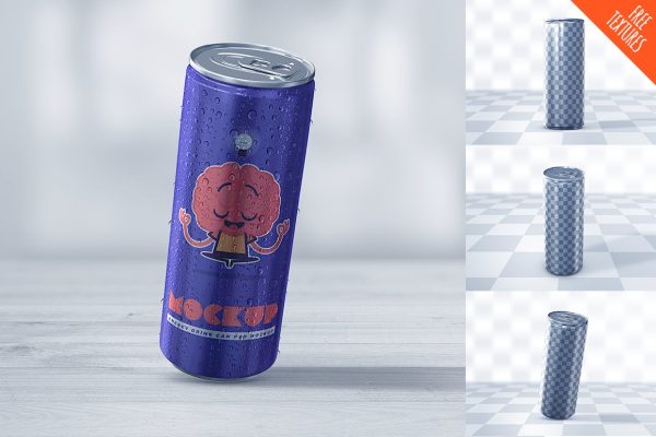 600 逼真碳酸饮料苏打水锡罐设计贴图样机模板 Energy Drink Can Mockup