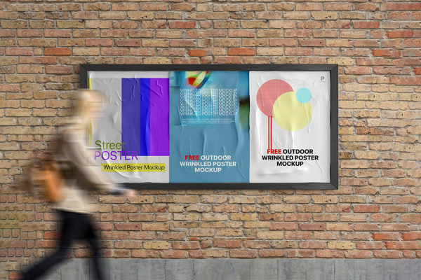 0224 可商用户外海报公告栏褶皱纸张样机 outdoor wrinkled poster mockup