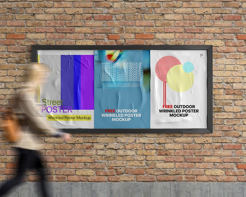 0224 可商用户外海报公告栏褶皱纸张样机 outdoor wrinkled poster mockup