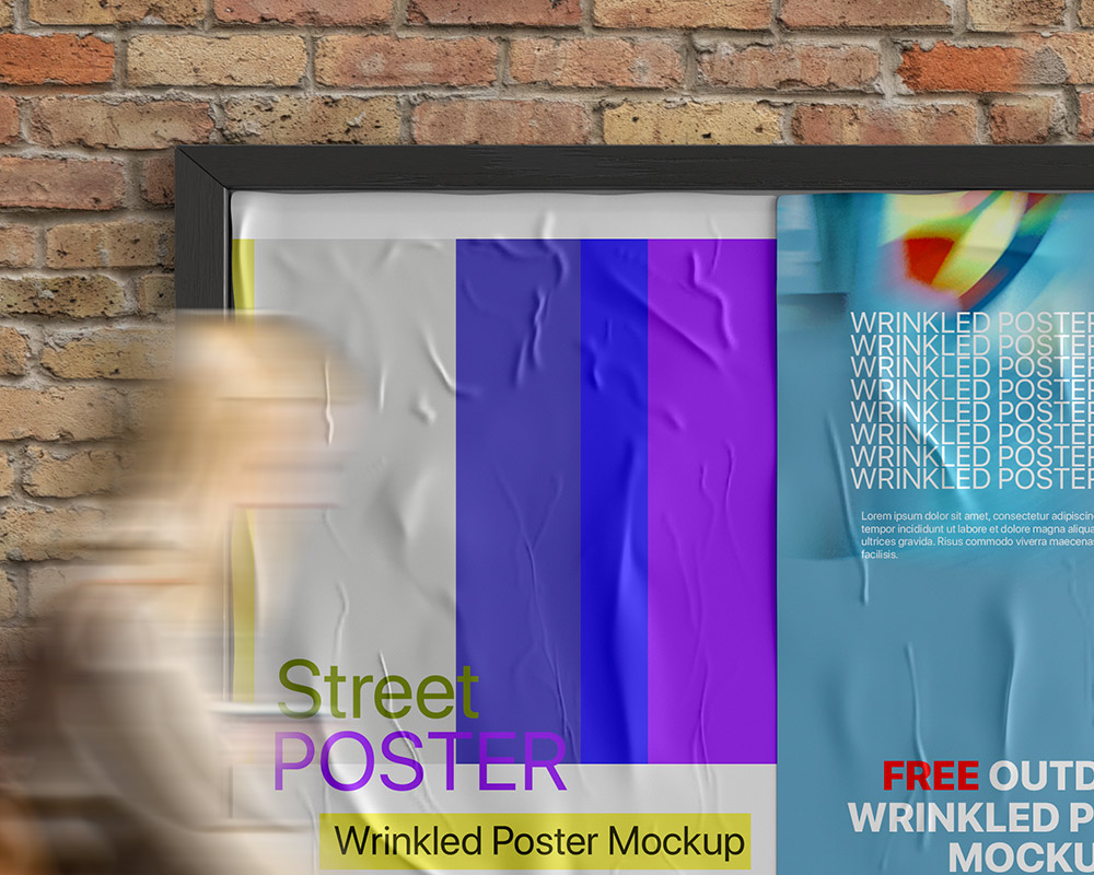 0224 可商用户外海报公告栏褶皱纸张样机 outdoor wrinkled poster mockup