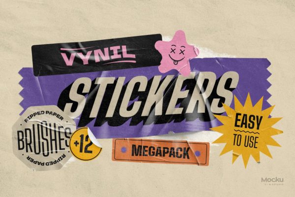 608 复古褶皱折痕胶带标签贴纸背景图笔刷Ps设计素材 Mocku – Vynil Stickers