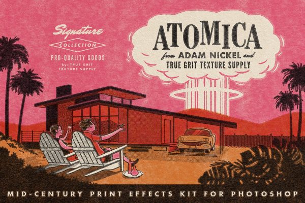 614 潮流复古版画油墨印染出血效果PS预设设计素材 True Grit – Atomica Mid-Century Print Effects