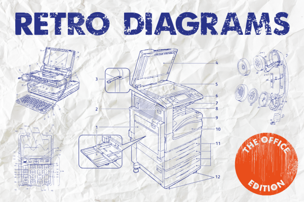 624 复古办公室电话传真机打字机投影仪主题矢量插画 Retro Diagrams – The Office Edition