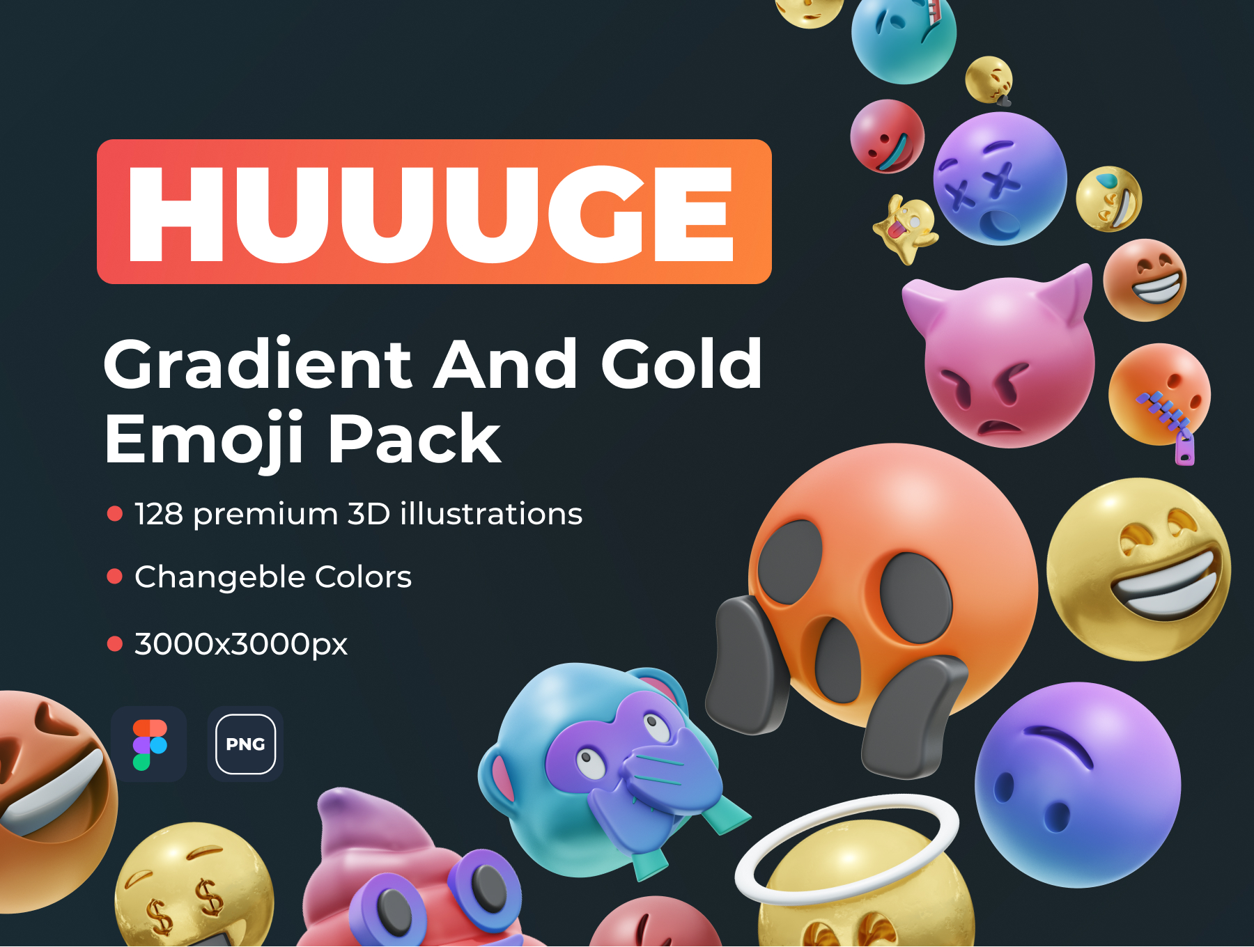 636 128款创意潮流3D立体emoji表情包png免抠icon图标插画设计素材HUUUGE Gradient And Gold Emoji 3D Pack