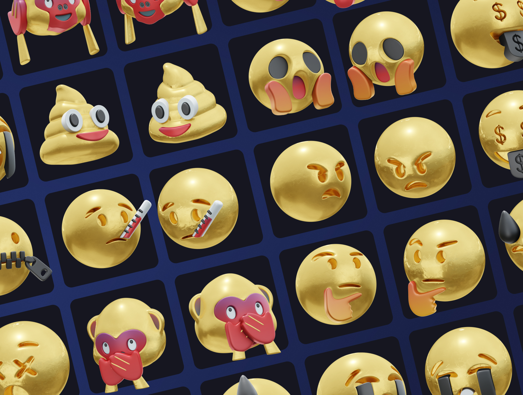 636 128款创意潮流3D立体emoji表情包png免抠icon图标插画设计素材HUUUGE Gradient And Gold Emoji 3D Pack