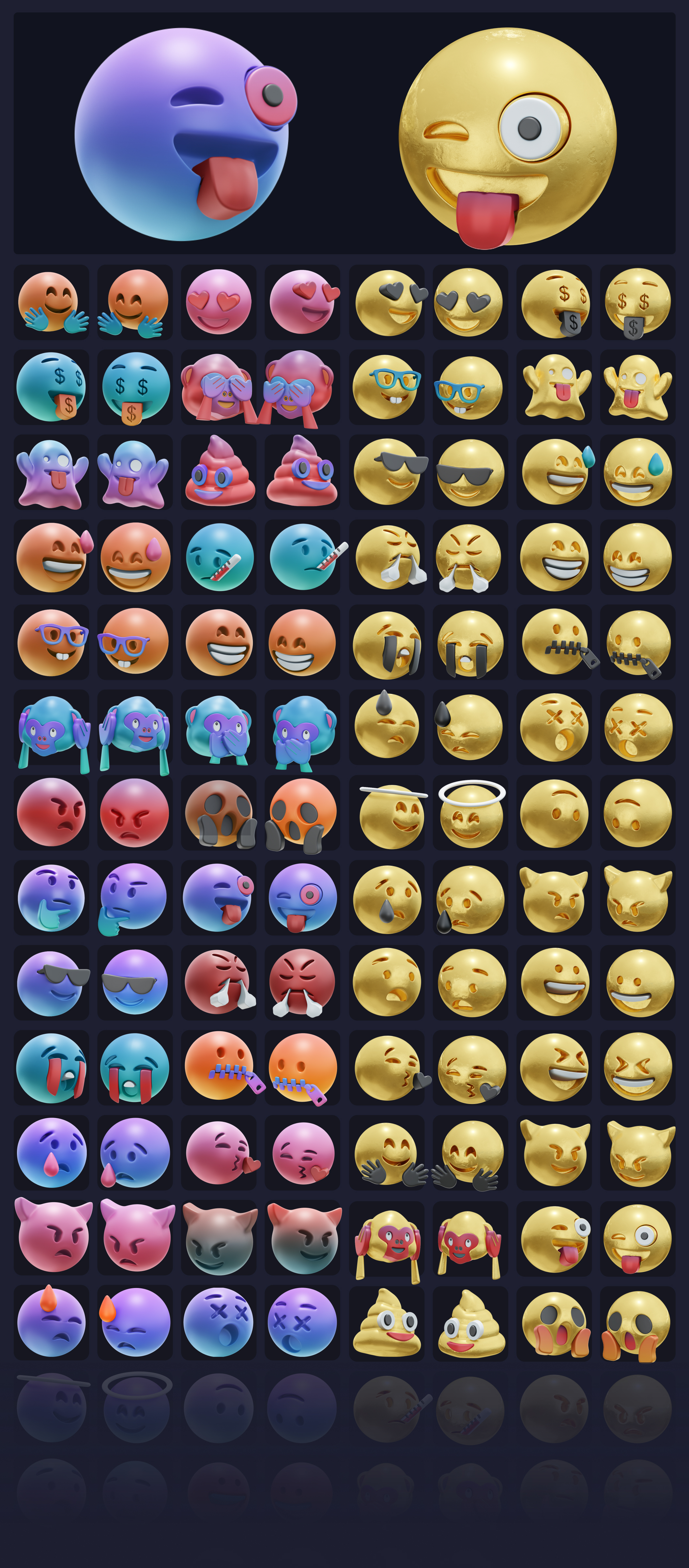 636 128款创意潮流3D立体emoji表情包png免抠icon图标插画设计素材HUUUGE Gradient And Gold Emoji 3D Pack