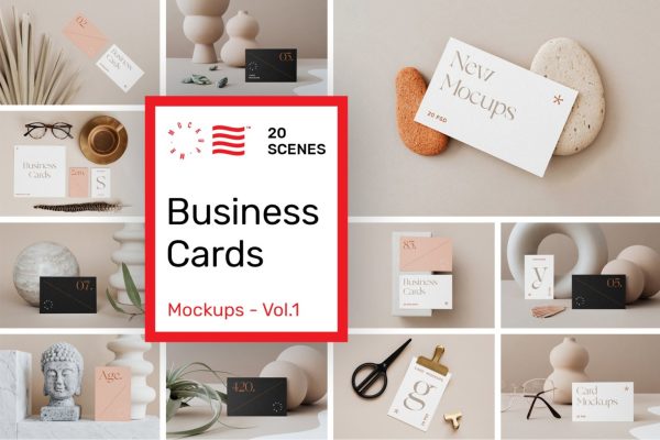 642 20个时尚商务名片卡片品牌Logo设计VI贴图场景样机模板PS素材 Business Card Mockups Vol.1