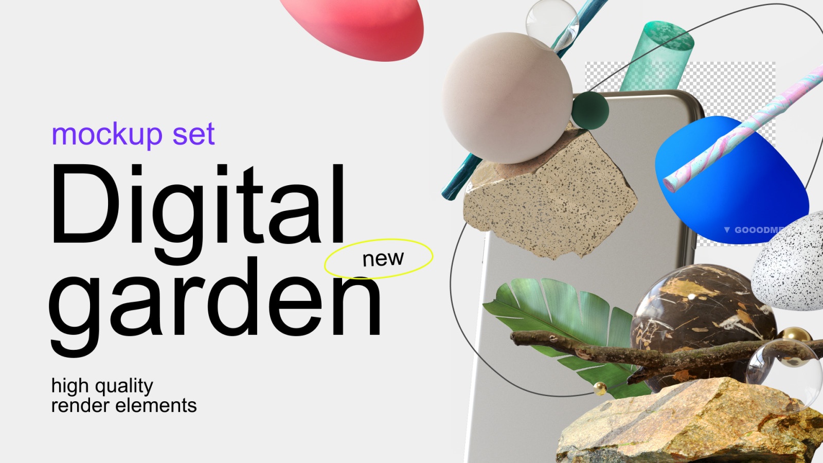 高质量三维渲染抽象流行元素场景UI界面设计展示样机模板 Digital Garden Set-第1500期-