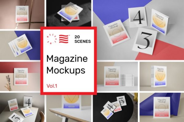 19款高级画册杂志书籍封面设计Ps智能贴图样机模板素材 Magazine Mockups Vol.1