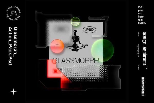 潮流炫酷嘻哈酸性磨砂毛玻璃材质未来赛博朋克封面图片处理特效Ps动作设计素材 Design syndrome – GlassMorph Action Pack