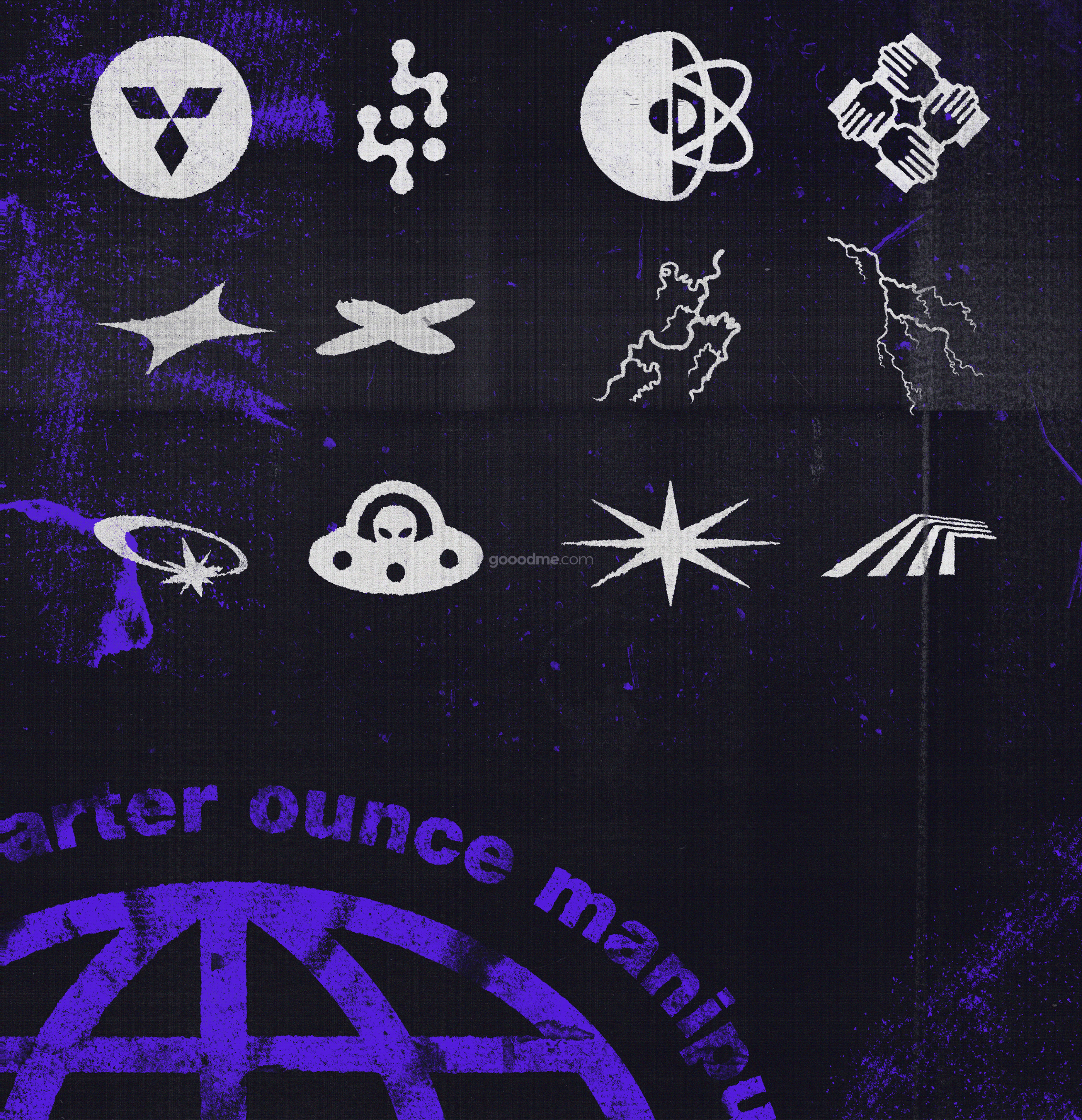 潮流嘻哈复古噪点划痕做旧酸性图标标志PS设计套件34 Grunge Icons and Marks pack