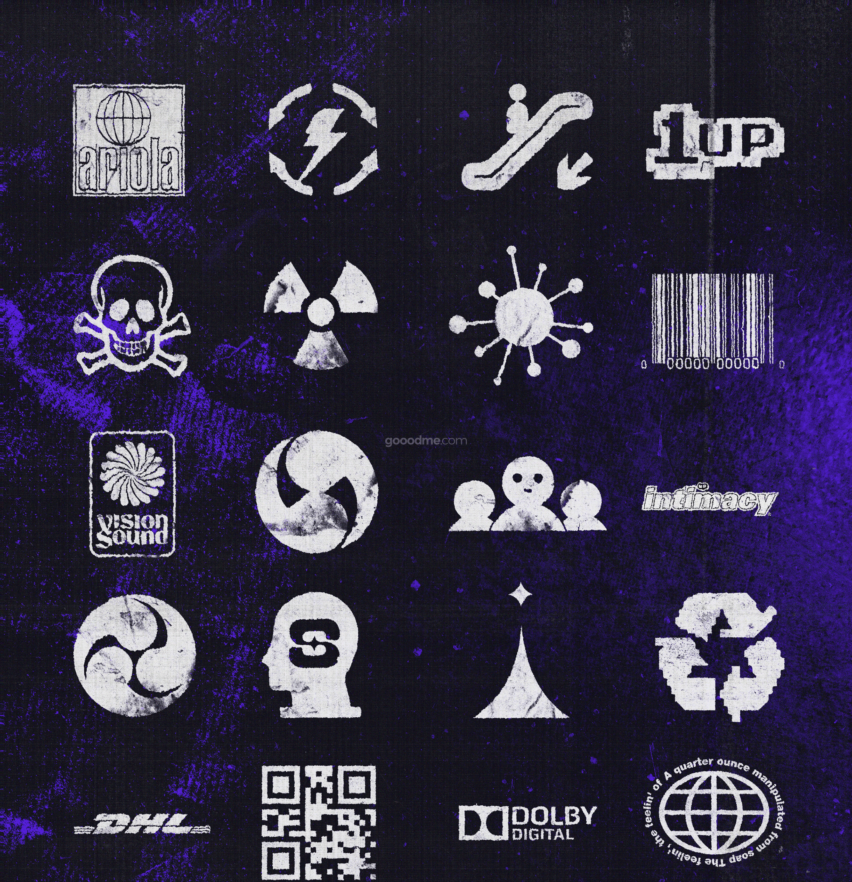 潮流嘻哈复古噪点划痕做旧酸性图标标志PS设计套件34 Grunge Icons and Marks pack