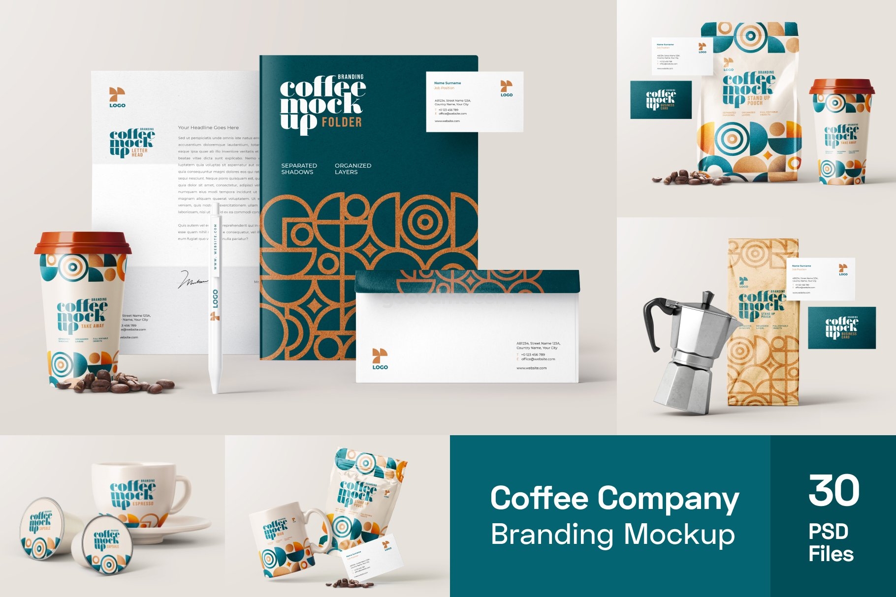 660 30款咖啡品牌VI设计名片包装袋纸杯马克杯贴图样机模板 Coffee Branding Mockup Bundle