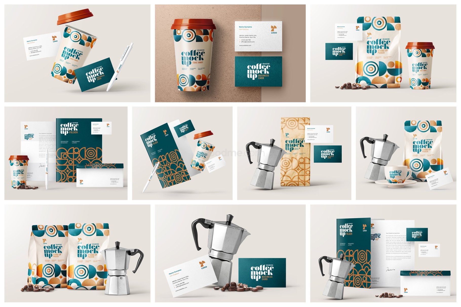 660 30款咖啡品牌VI设计名片包装袋纸杯马克杯贴图样机模板 Coffee Branding Mockup Bundle