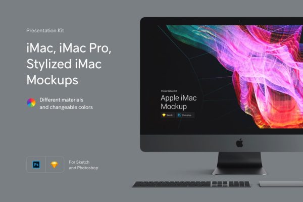 671 时尚APP应用程序&网站界面设计苹果iMac一体机屏幕演示样机素材 Stylized iMac Pro Mockup