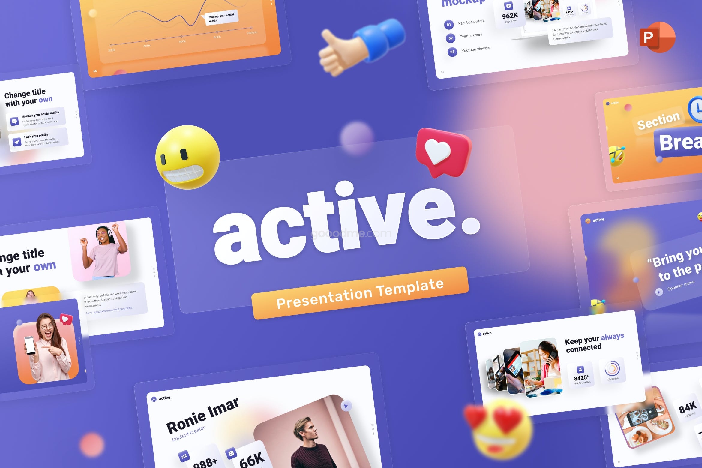 682 3d风格的新媒体宣传介绍创意PPT 模板Active Social Media Creative PowerPoint Template