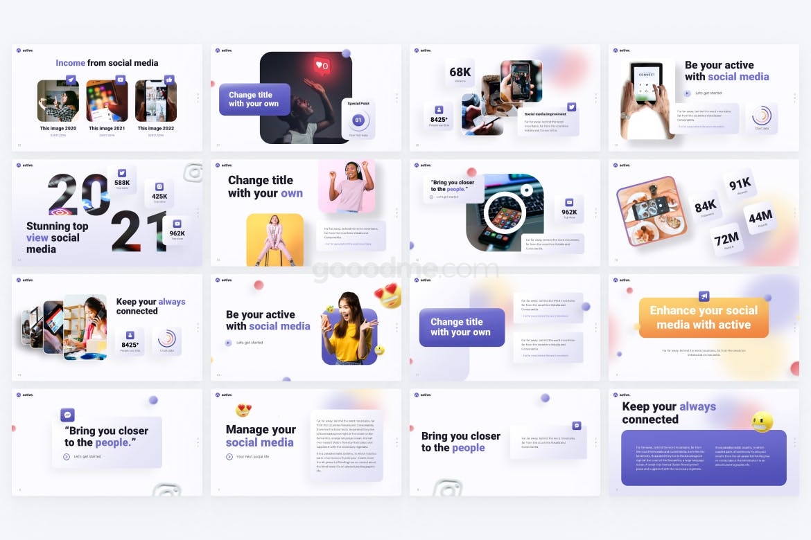 682 3d风格的新媒体宣传介绍创意PPT 模板Active Social Media Creative PowerPoint Template