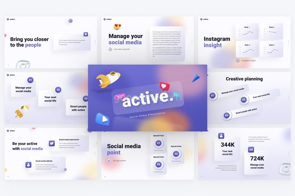 682 3d风格的新媒体宣传介绍创意PPT 模板Active Social Media Creative PowerPoint Template