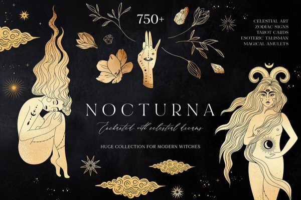 神秘的魔法古老占卜星座元素系列插画素材包