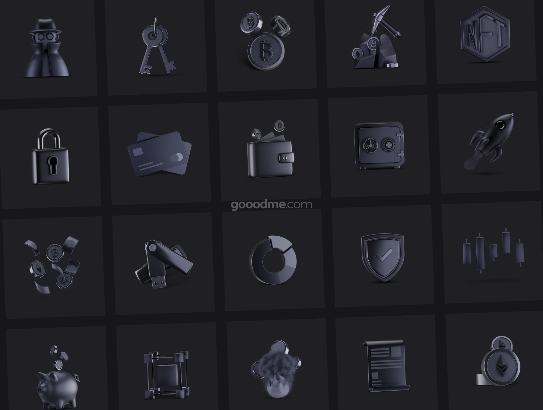 60款暗黑质感金属加密货币金融交易3D立体icon图标png免抠素材3D Crypto Icon Set