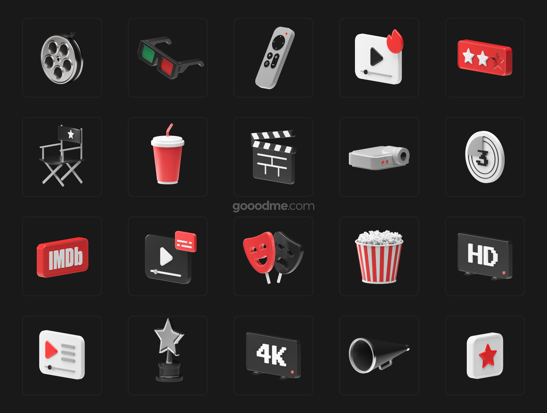 35款趣味创意3D立体卡通电影院视频影视icon图标设计素材源文件 Cinema 3D Icons