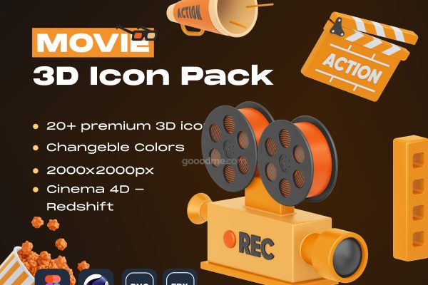 19个娱乐电影主题的3d立体C4D高级卡通3D图标素材图标模型素材MOVIE! 3D Icon Pack