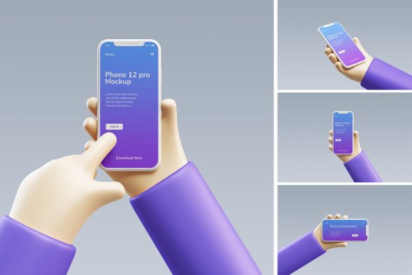 紫色可爱清新手持iPhone手机UI样机屏幕展示卡通模型PS素材