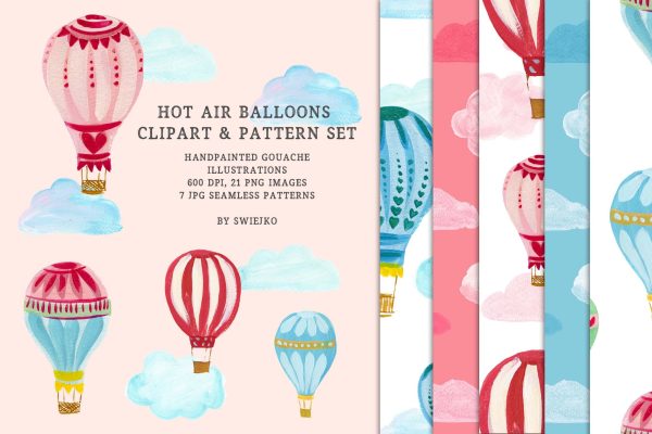 手绘热气球插画剪贴画和图案无缝背景素材 Hot Air Balloons clipart &amp