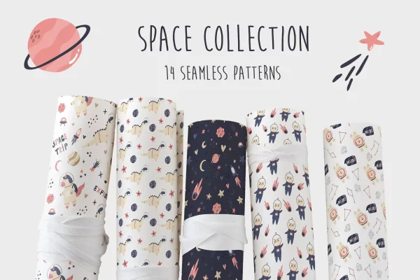 可爱的星际宇宙科技宇航员元素无缝背景图案 Cute Cosmic Set of Seamless Patterns