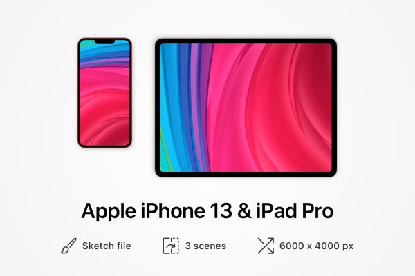 苹果iPhone 13和iPad Pro顶视图SKETCH矢量样机平板电脑手机素材模型