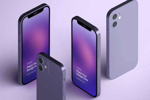 紫色磨砂质感iPhone 12等距手机设计样机 iphone-12-mini-isometric-mockup