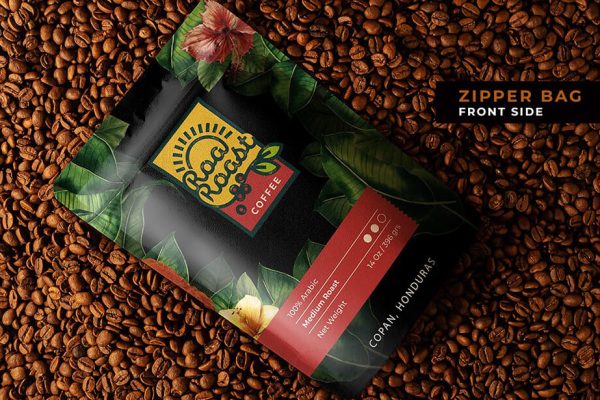 逼真咖啡豆品牌产品包装带场景设计样机PSD素材