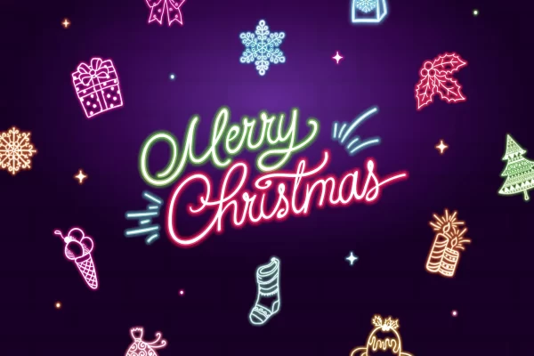 霓虹灯多彩的手绘艺术圣诞图标 Neon Colorful Hand Drawn Artistic Christmas Icons.
