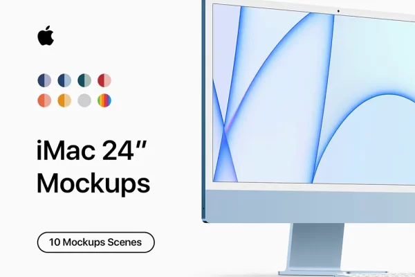 高品质原始&粘土版本iMac一体机电脑样机10个高品质苹果24寸iMac素材PSD样机源文件