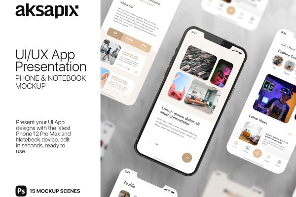 UI UX 应用演示 – 手机和笔记本电脑样机UI_UX App Presentation – Phone & Notebook Mockup