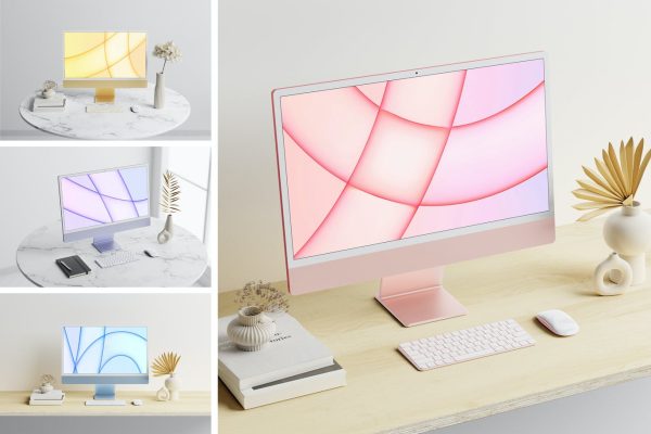 iMac M1芯片电脑屏幕展示UI设计样机PSD素材模型